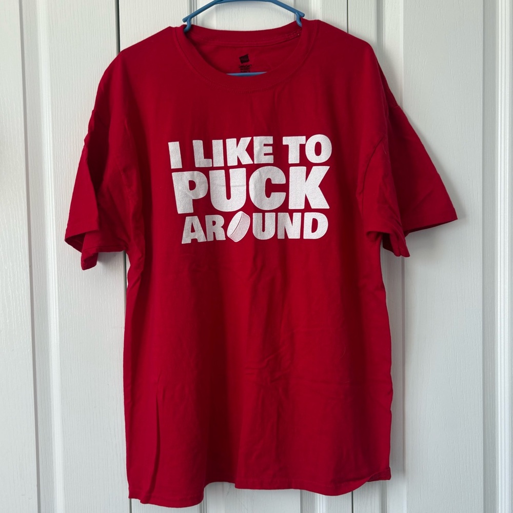 Red Hockey NHL “I like to Puck Around” Hockey Puck Graphic TShirt